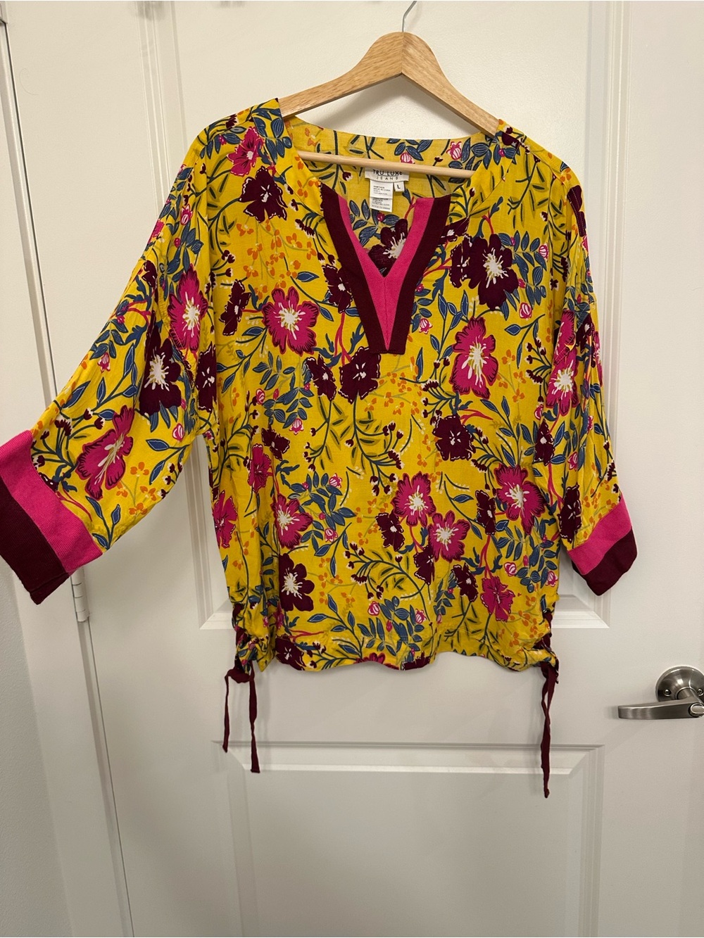 Floral Split-Neck Blouse in Mustard and Fuchsia L